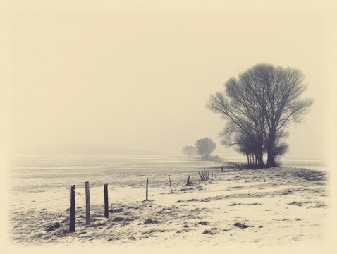 Bare trees in misty winter field with fence and pale sky image