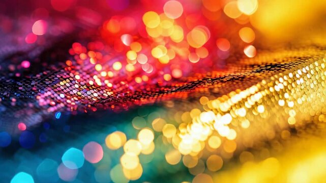 Colorful bokeh lights with gradient from cool to warm tones on textured surface