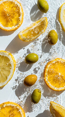 Bright Citrus and Green Olives Floating in Sparkling Water Still Life