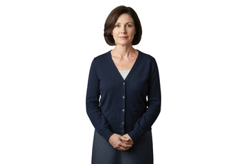 Isolated mature professional woman standing calmly looking up with thoughtful aspiration