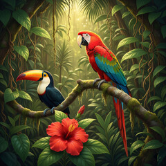 Naklejka premium Vibrant Red-and-green Macaw and Toco Toucan perched together on a tree branch in lush tropical rainforest. Exotic wild bird couple in green jungle nature background.
