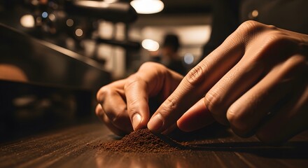 Hands meticulously sorting coffee beans on a wooden surface in warm light.