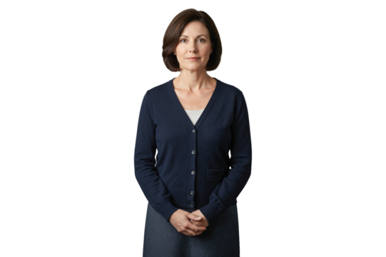 Isolated mature professional woman standing calmly looking up with thoughtful aspiration