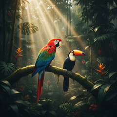 Naklejka premium Vibrant Red-and-green Macaw and Toco Toucan perched together on a tree branch in lush tropical rainforest. Exotic wild bird couple in green jungle nature background.