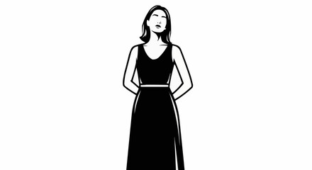 Minimalist black and white illustration of a woman in a long dress.