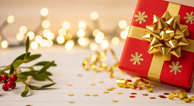 Red gift box with golden ribbon and snowflakes. Represents holiday spirit, present, surprise, and festivity with bright background and mistletoe branch - Powered by Adobe