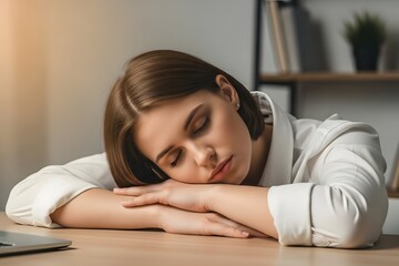 Woman sleeping on her arms at a desk with a laptop and bookshelf in the background in a bright room