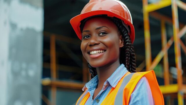 A woman wearing a hard hat and safety vest is seen smiling and looking towards the camera in a building under construction.