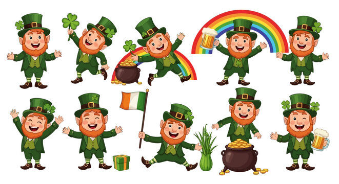 St. Patrick's Day Characters Vector Set: Leprechauns, Gold, Rainbow, Irish Flag and Greenery