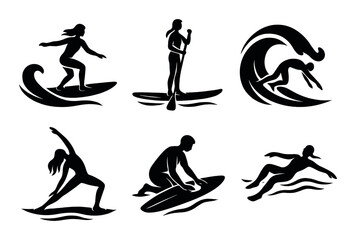 Silhouette water sports collection: surfing, paddling, yoga, swimming, surfboard