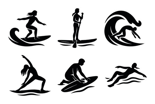 Silhouette water sports collection: surfing, paddling, yoga, swimming, surfboard