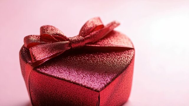 Red glitter heart-shaped gift box with bow on pink background