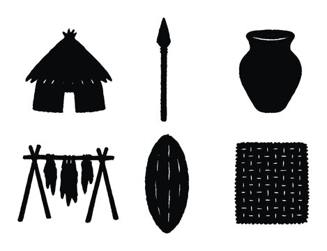 Silhouettes of ancient tribal artifacts including hut, spear, and pottery