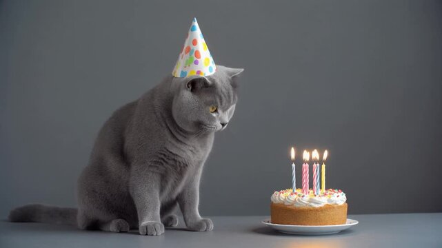 Cute cat wearing a party hat sitting next to a birthday cake