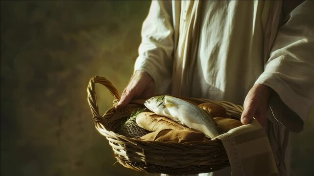 A serene of a man in angelic robes holding a woven basket filled with fish on the beach.