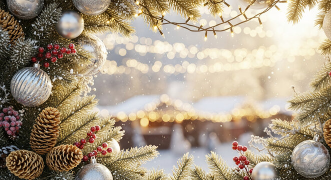 Close-up of fir branch, pine cone, silver sphere and berry, festive frame. Represents holiday season spirit, celebration, tradition and christmas