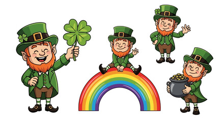 Set of vibrant cartoon leprechauns celebrating St. Patrick's Day, with shamrocks, a rainbow, and a pot of gold, embodying Irish folklore, luck, and festive cheer