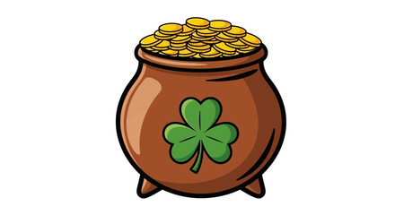 A classic cartoon illustration of a leprechaun's pot of gold, filled to the brim with shiny coins and decorated with a lucky green shamrock