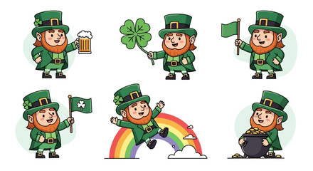 A charming collection of cartoon leprechaun characters celebrating St. Patrick's Day with a rainbow, pot of gold, and shamrocks