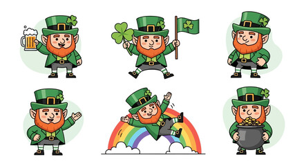 Whimsical collection of cartoon leprechaun characters celebrating St. Patrick's Day, embodying Irish charm, good fortune, and festive cheer with shamrocks, beer, and pots of gold