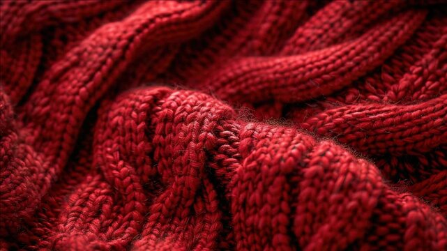 A close-up shot of a textured red argyle knit fabric with intricate patterns and vibrant colors.