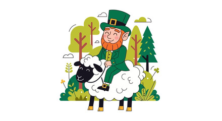 A cheerful leprechaun dressed in traditional green attire rides a fluffy sheep through a lush forest setting, embodying St
