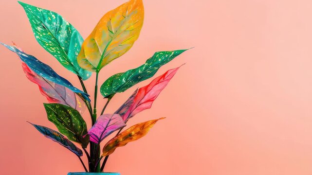 Colorful painted plant with multicolored leaves in blue pot against pink background