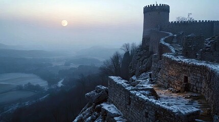 An ancient stone castle ruin stands on a rocky mountain cliffside, covered in a light dusting of snow. A winding stone staircase leads up to the tower. The full
