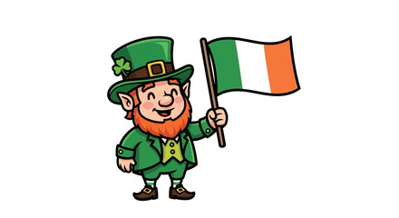 Delightful cartoon leprechaun character joyfully waving the national flag, embodying Irish spirit and festive cultural celebration with a cheerful smile
