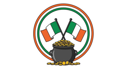 Celebratory emblem featuring crossed Irish flags over a treasure pot brimming with golden coins, encircled by a vibrant national color border, perfect for themes of luck and heritage