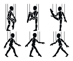 Silhouette figures engaged in various dance poses on dark background