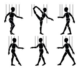 Silhouette of puppets in various dance poses on dark background