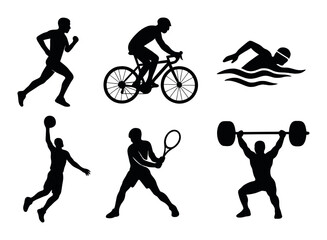 Silhouette diversity in sports: running, cycling, swimming, basketball, tennis, weightlifting