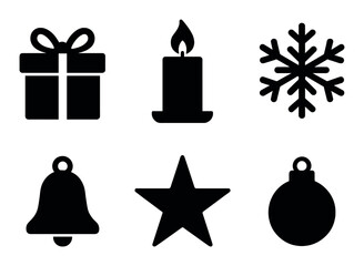 Silhouette icons: gift, candle, snowflake, bell, star, ornament on dark background