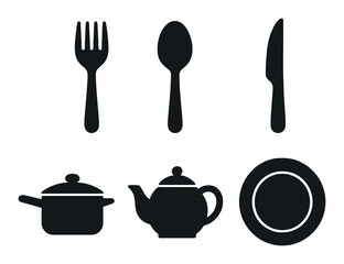 Silhouette of kitchen utensils and cookware on a dark background