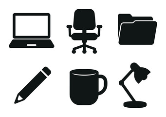 Silhouette icons: office essentials including laptop, chair, and stationery