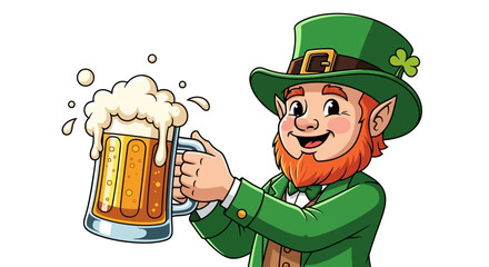 Joyful cartoon leprechaun raising a frothy glass of golden ale in a vibrant illustration, embodying the spirit of Irish festivities and good cheer