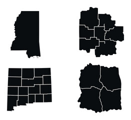 Silhouette maps of counties in mississippi, new mexico, colorado, new hampshire