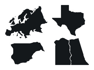 Black silhouettes of europe, texas, yemen, north dakota map shapes on brown background