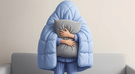 A person wrapped in a blue blanket holding a pillow, feeling cozy and safe.