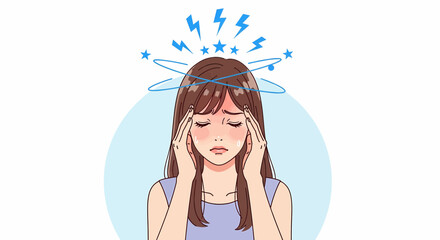 An illustration depicting a young woman suffering from a severe headache or dizziness, holding her temples in visible distress.