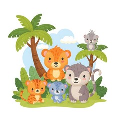 Obraz premium Cute Cartoon Jungle Animals with Palm Trees illustration