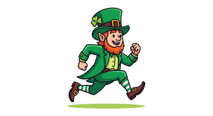Green Leprechaun Running with Clover Hat, Traditional Irish Folklore Character Illustration