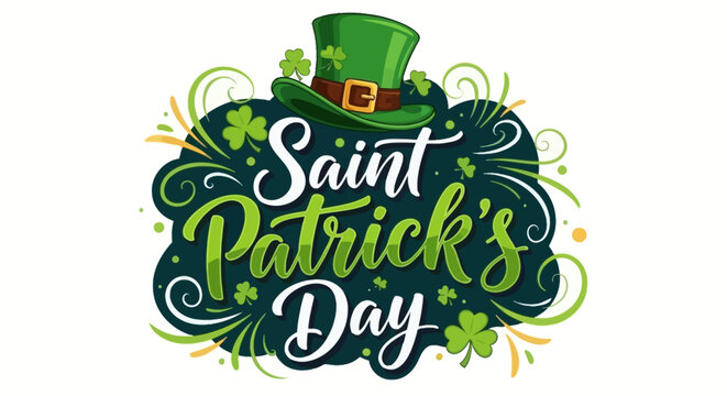 Festive Irish Celebration Artwork with a Lucky Green Top Hat and Shamrocks, Perfect for Holiday Promotions and Cultural Themes