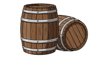 Detailed illustration of two traditional wooden barrels with metal hoops, used for aging and storing wine or whiskey