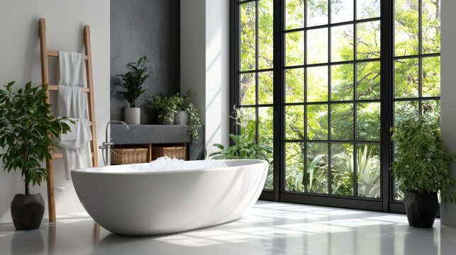 Modern bathroom featuring a freestanding white bathtub surrounded by lush greenery and large windows, creating a serene and tranquil atmosphere for relaxation and self-care - Powered by Adobe