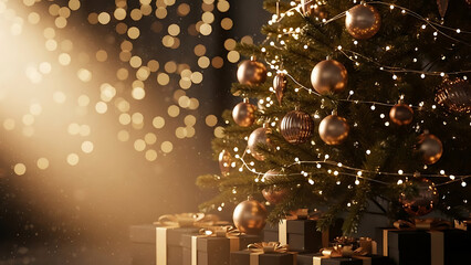 Magical holiday atmosphere with an elegant Christmas tree, golden decorations, and gifts bathed in a soft, warm, illuminating light
