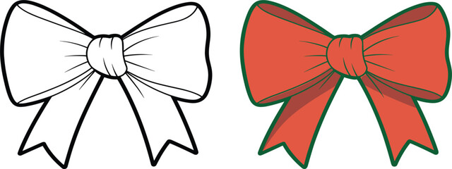 Decorative Ribbon Bow Illustration, Outline and Colored Holiday Gift Decoration Graphic, Simple Christmas Vector Clipart Coloring Design
