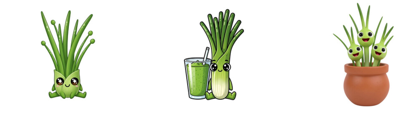 Naklejki Three cartoon spring onion illustrations with varying poses and expressions on a solid color canvas on transparent background