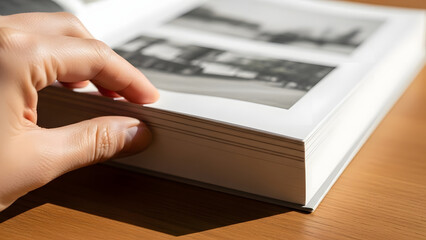 Hand turning pages of a photo album on wooden table with soft natural light